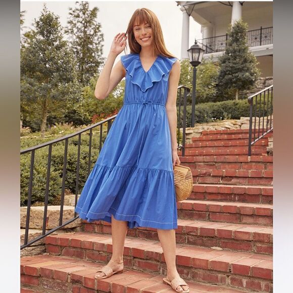 Summersalt Coastal Poplin Ruffle Neck Midi Dress - Picture 1 of 12
